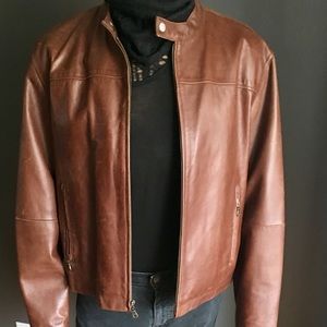 Brown leather bomber jacket
